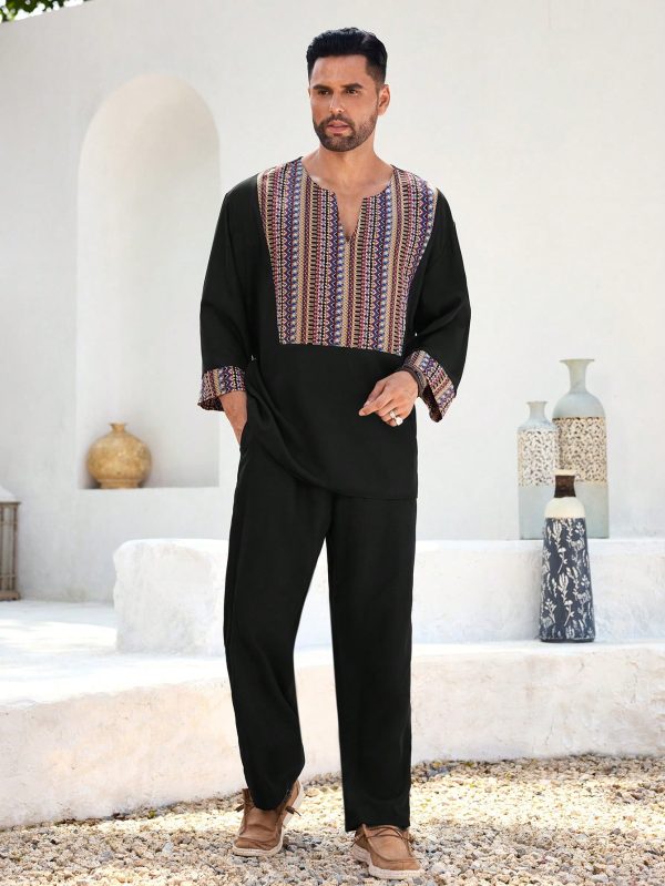 2pcs/Set Retro Print Long Sleeve Pullover Shirt Set