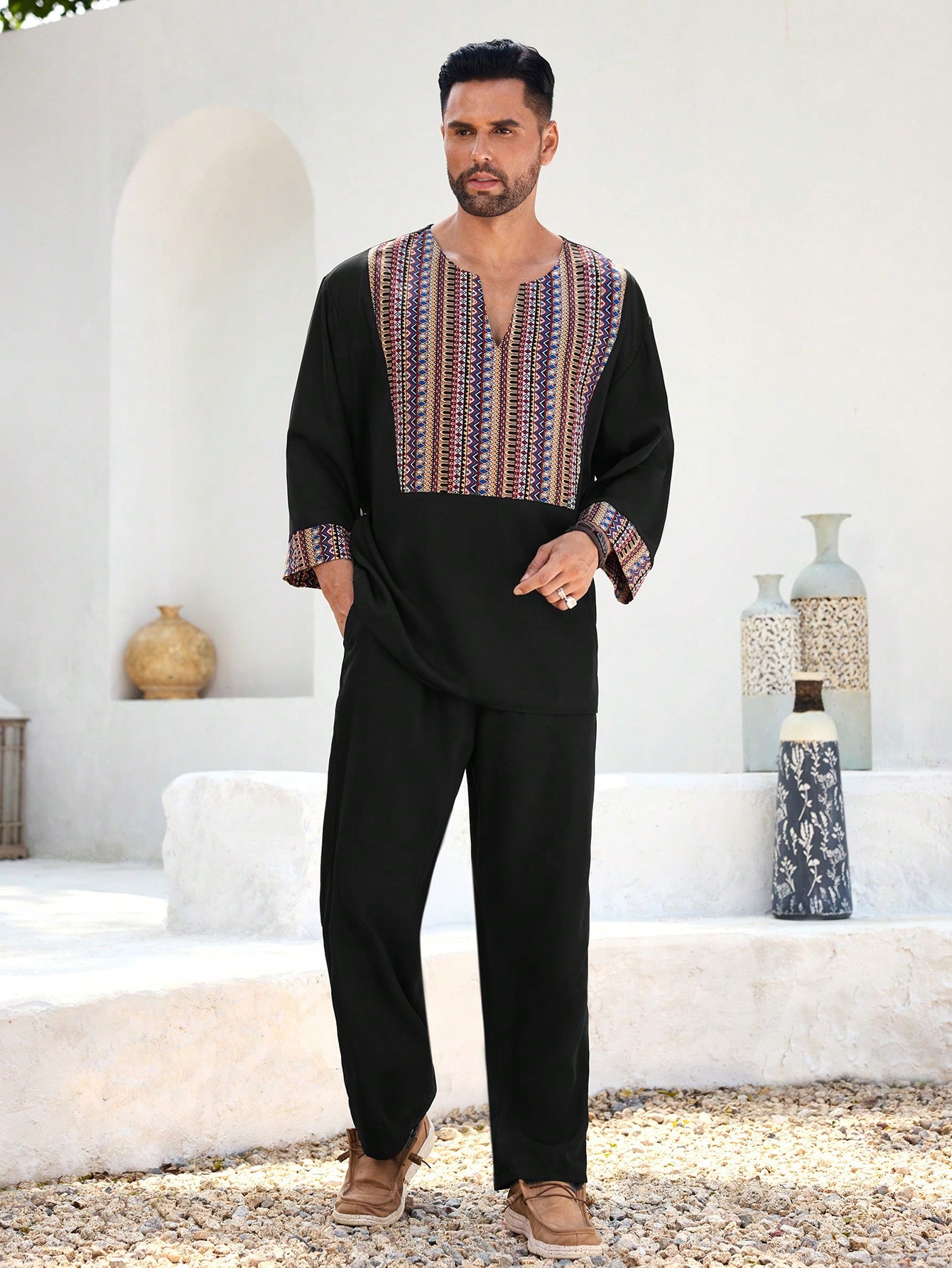 2pcs/Set Retro Print Long Sleeve Pullover Shirt Set