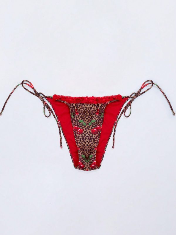 Cherry Leopard Ribbon Detail Thong Bikini Bottom