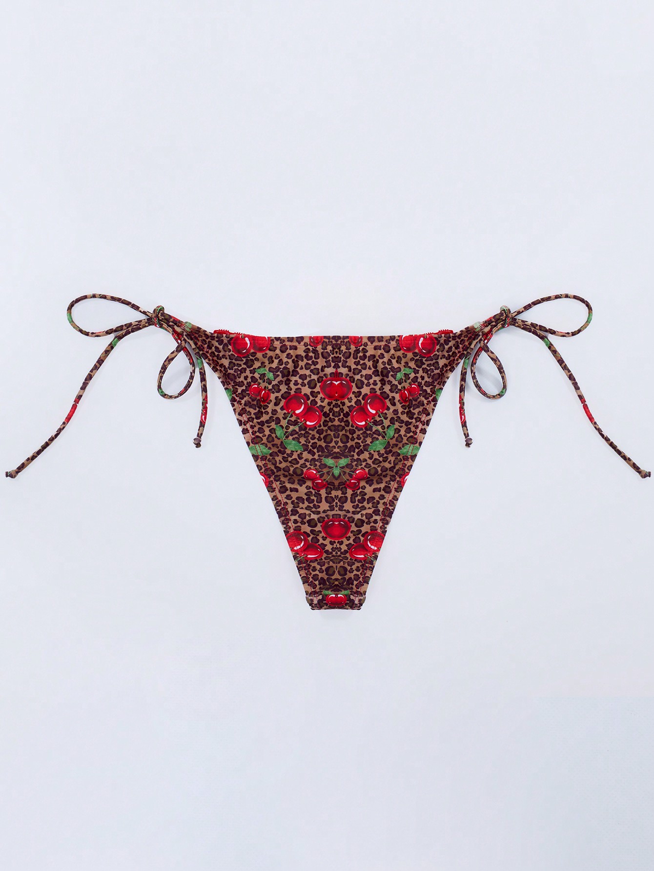 Cherry Leopard Ribbon Detail Thong Bikini Bottom