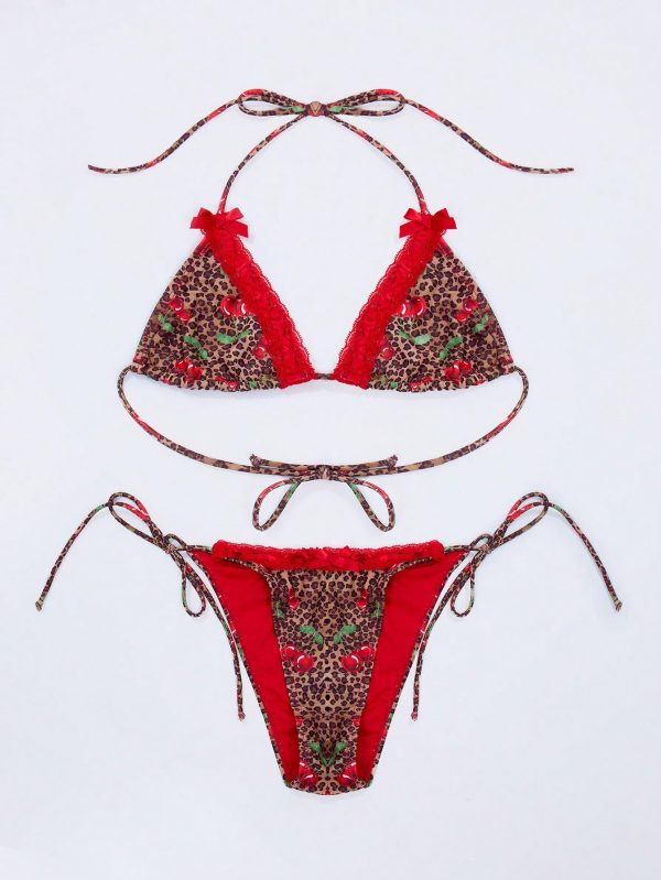 Cherry Leopard Ribbon Detail Thong Bikini Bottom