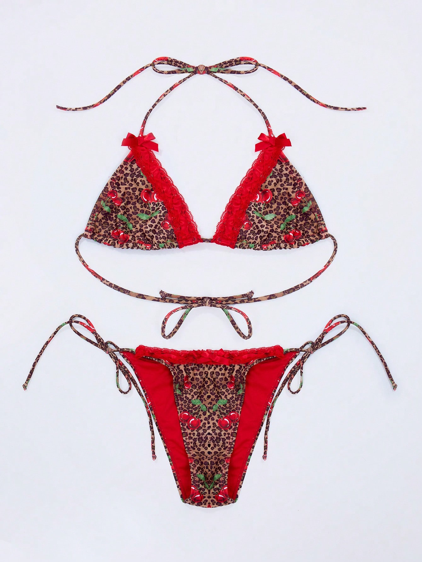 Cherry Leopard Ribbon Detail Thong Bikini Bottom