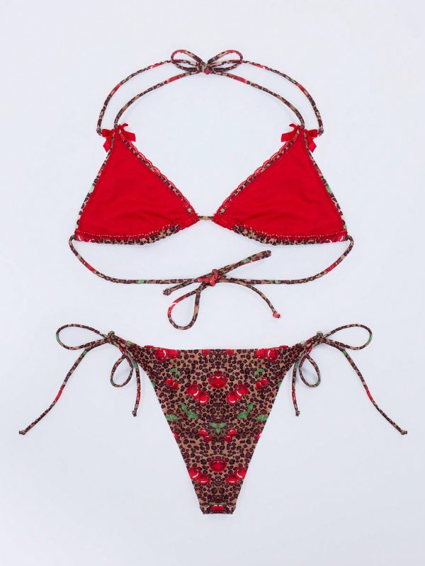 Cherry Leopard Ribbon Detail Thong Bikini Bottom
