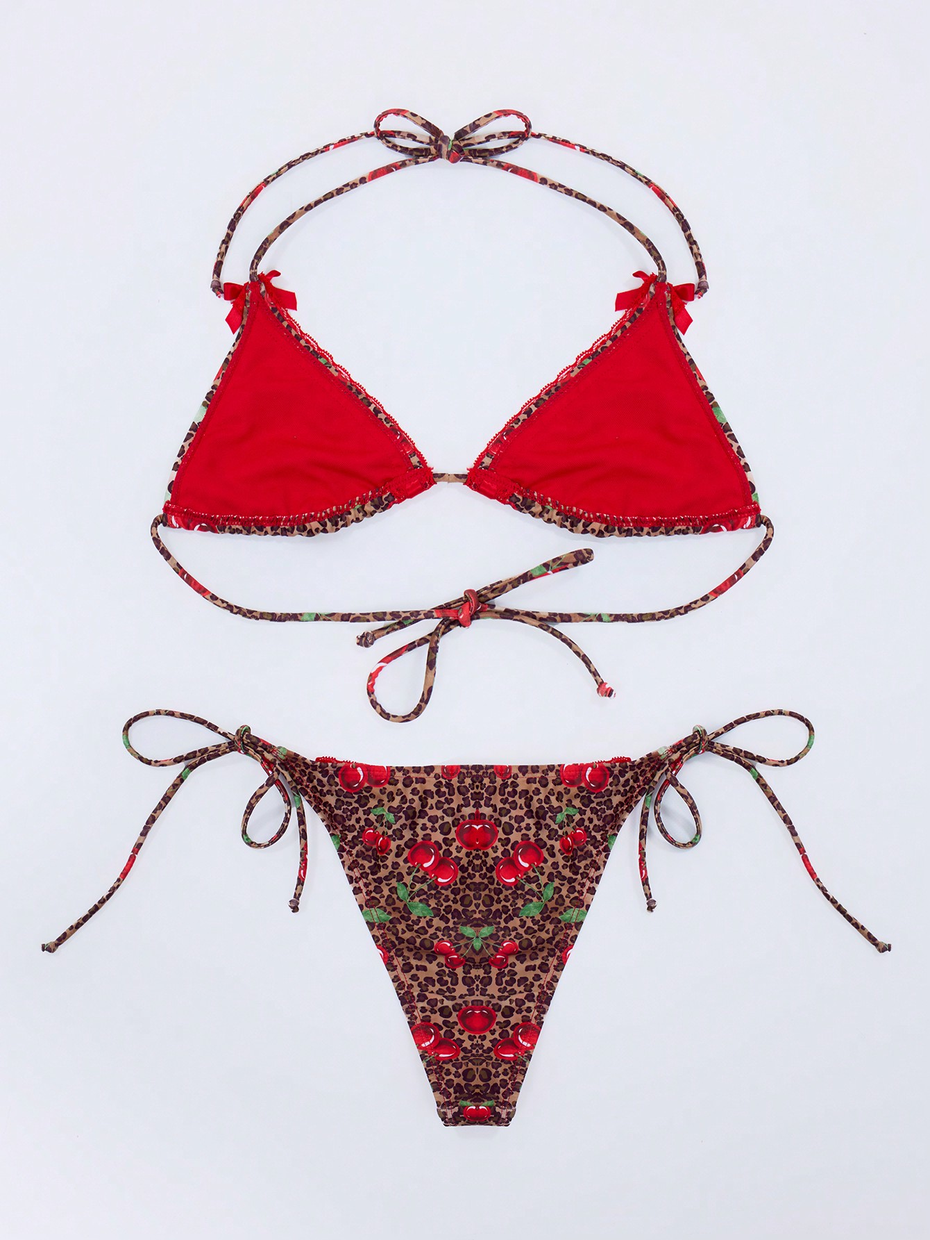 Cherry Leopard Ribbon Detail Thong Bikini Bottom