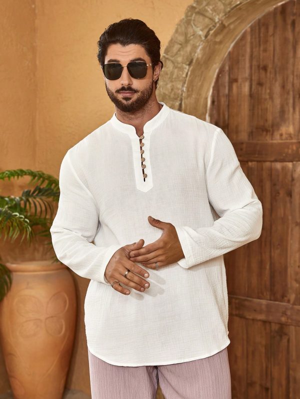 Men's Button Front Half-Placket Long Sleeve Shirt