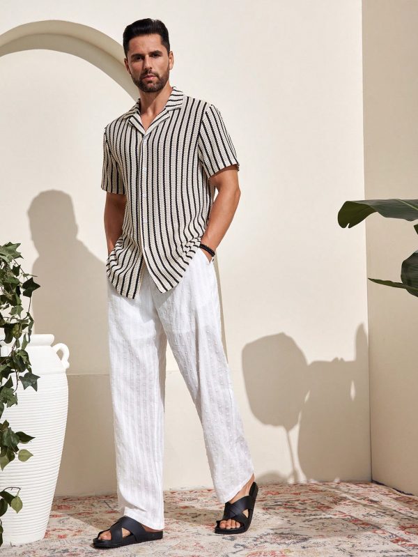 Men's Striped Printed Button Front Short Sleeve Shirt