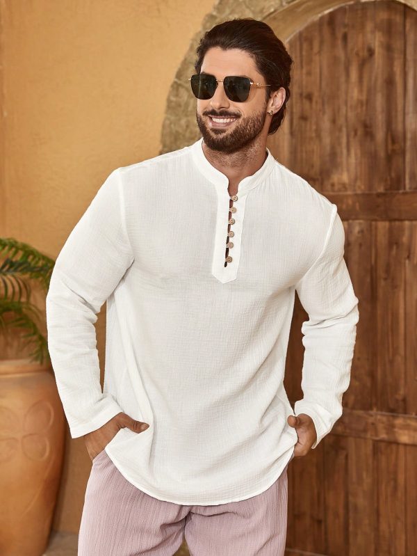 Men's Button Front Half-Placket Long Sleeve Shirt