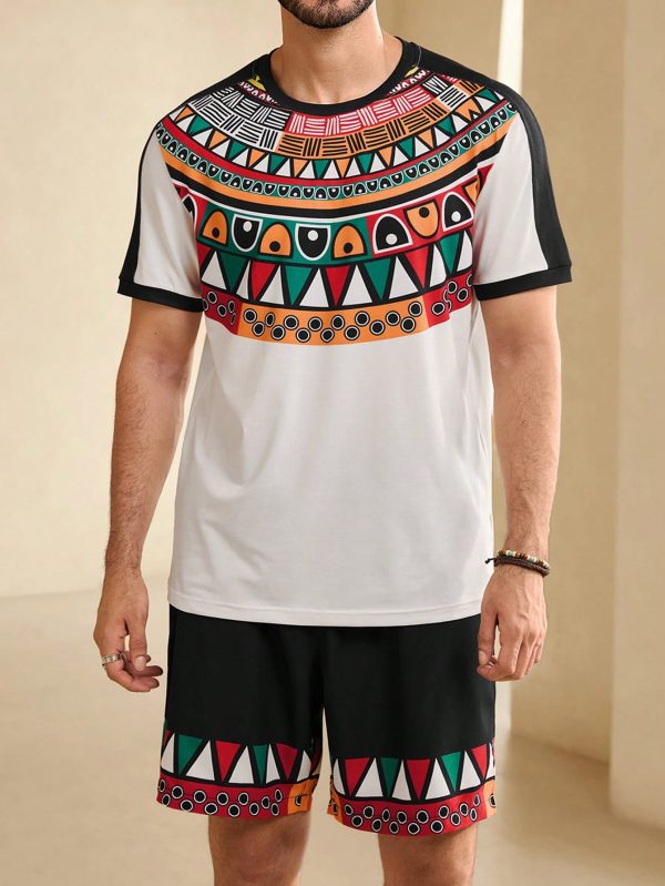 Men's Summer Geometric Print Round Neck Short Sleeve Casual T-Shirt And Drawstring Waist Shorts Set