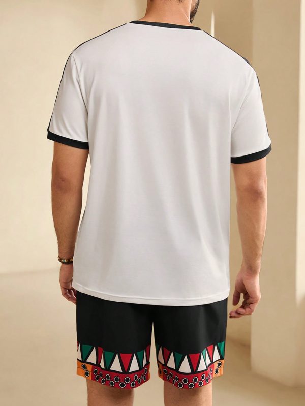 Men's Summer Geometric Print Round Neck Short Sleeve Casual T-Shirt And Drawstring Waist Shorts Set