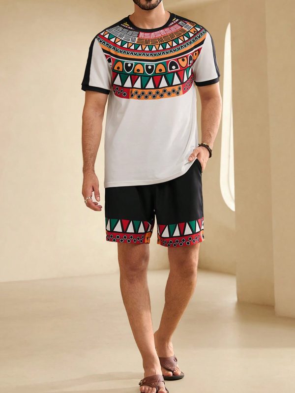 Men's Summer Geometric Print Round Neck Short Sleeve Casual T-Shirt And Drawstring Waist Shorts Set