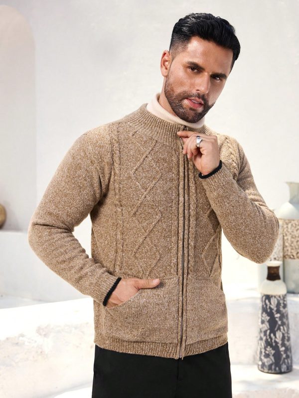Men's Geometric Textured Long Sleeve Casual Zip-Up Knit Cardigan, Autumn/Winter