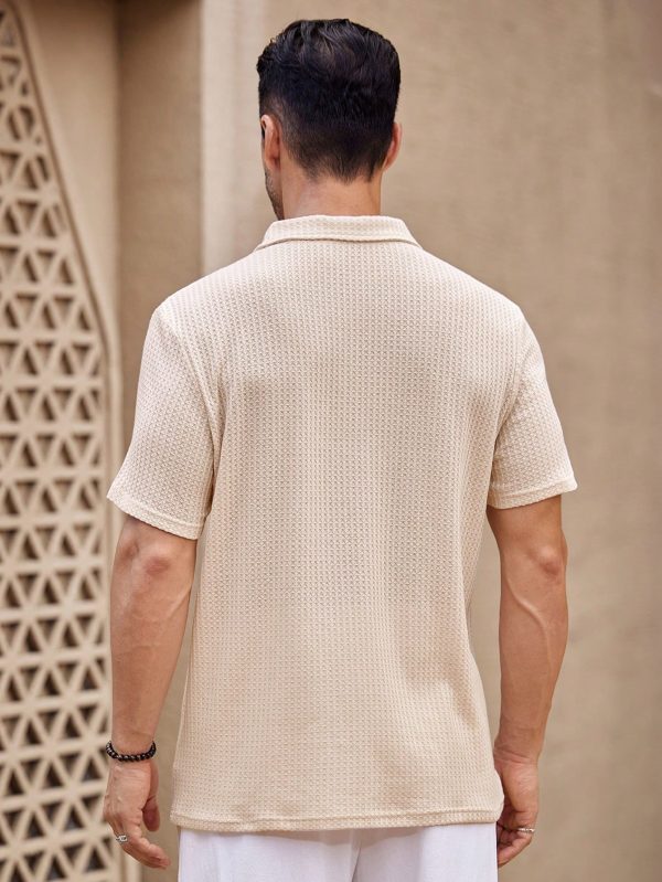 Men's Button Up Short Sleeve Casual Fashionable Waffle Knit Polo Shirt Suitable For Vacation