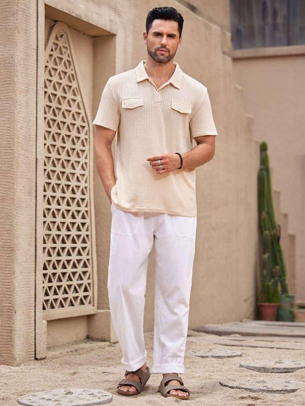 Men's Button Up Short Sleeve Casual Fashionable Waffle Knit Polo Shirt Suitable For Vacation