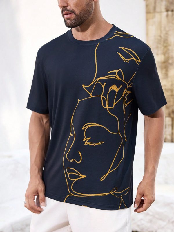 Men's Abstract Line Pattern Navy Blue Casual T-Shirt, Daily Wear, Streetwear, Party, Breathable