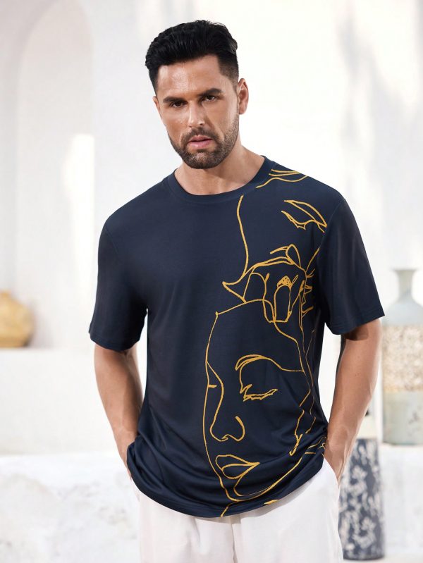 Men's Abstract Line Pattern Navy Blue Casual T-Shirt, Daily Wear, Streetwear, Party, Breathable