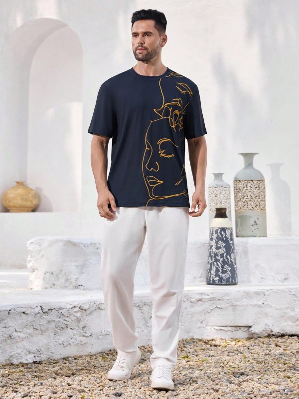 Men's Abstract Line Pattern Navy Blue Casual T-Shirt, Daily Wear, Streetwear, Party, Breathable