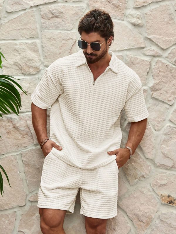 Men's Textured Short Sleeve Top And Shorts, Summer 2pcs Set