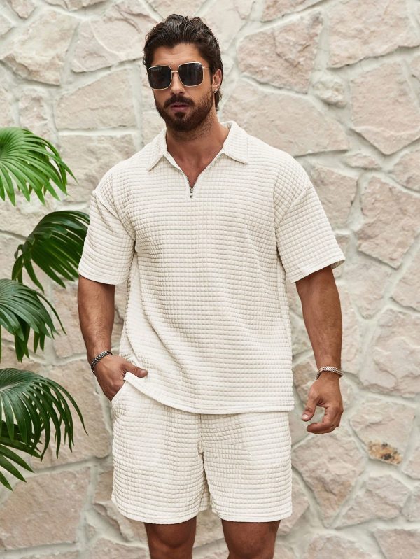Men's Textured Short Sleeve Top And Shorts, Summer 2pcs Set