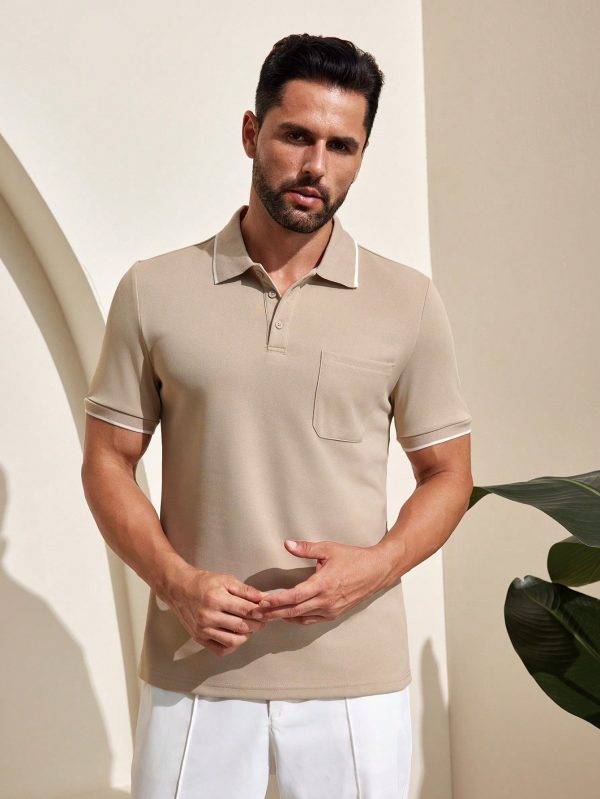 Men's Casual Contrast Trim Single-Breasted Polo Shirt, Summer