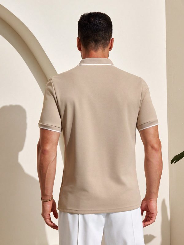 Men's Casual Contrast Trim Single-Breasted Polo Shirt, Summer