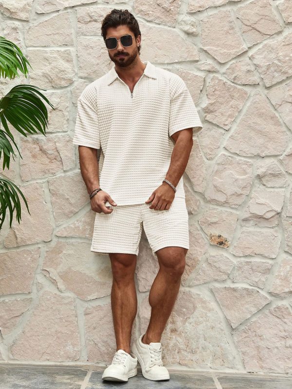 Men's Textured Short Sleeve Top And Shorts, Summer 2pcs Set