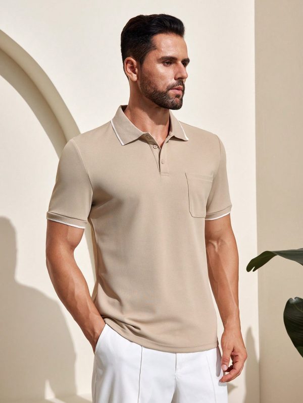 Men's Casual Contrast Trim Single-Breasted Polo Shirt, Summer