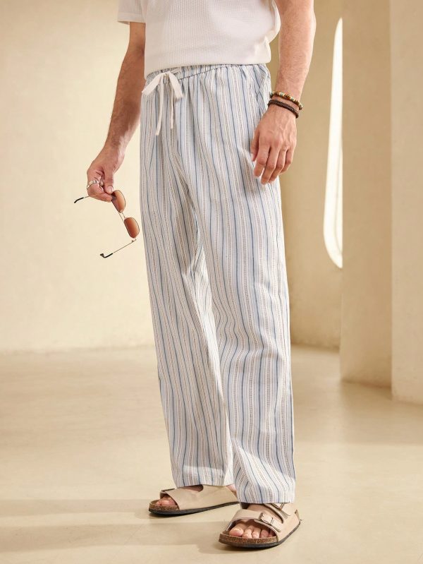 Men's Striped Belted Straight Wide Leg Casual Pants