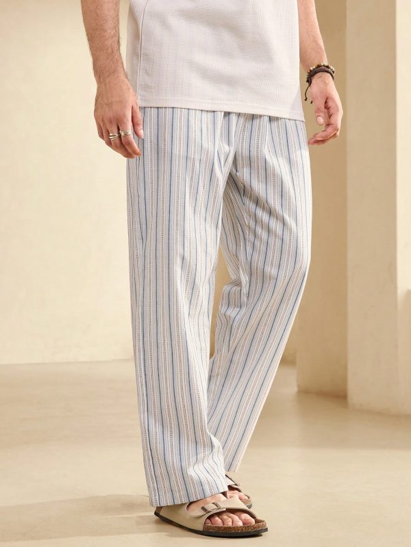 Men's Striped Belted Straight Wide Leg Casual Pants