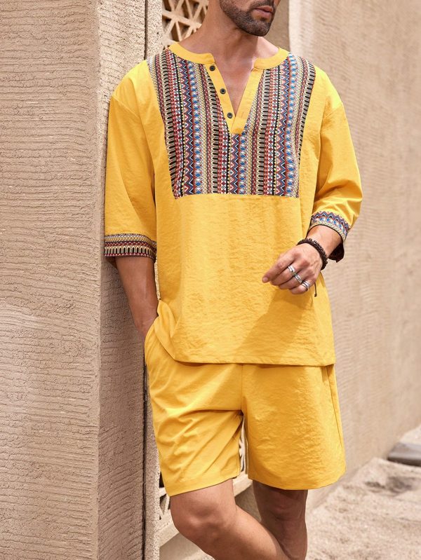 2pcs Retro Style Outfit For Men: Solid Color Shirt & Shorts Set