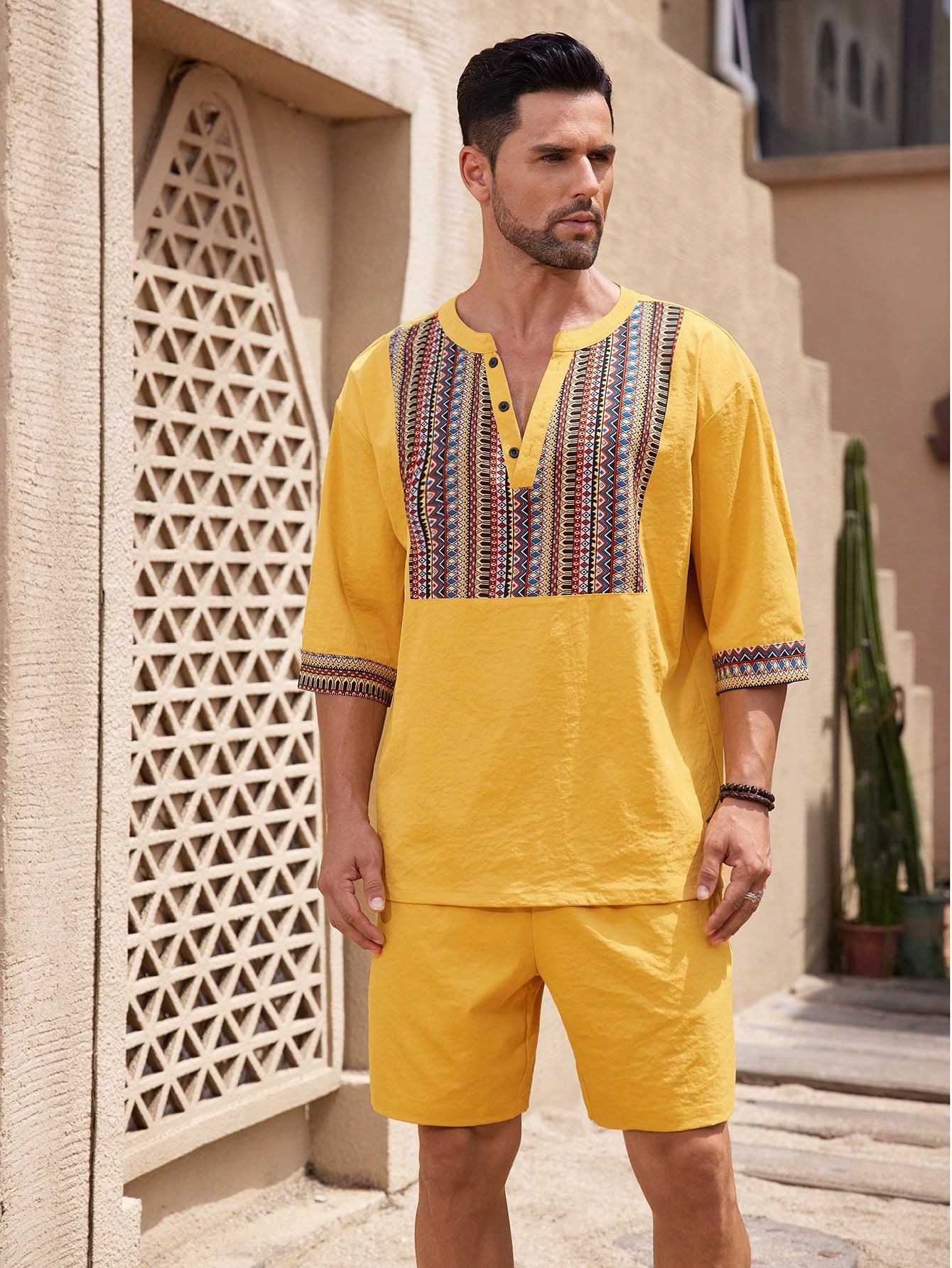 2pcs Retro Style Outfit For Men: Solid Color Shirt & Shorts Set
