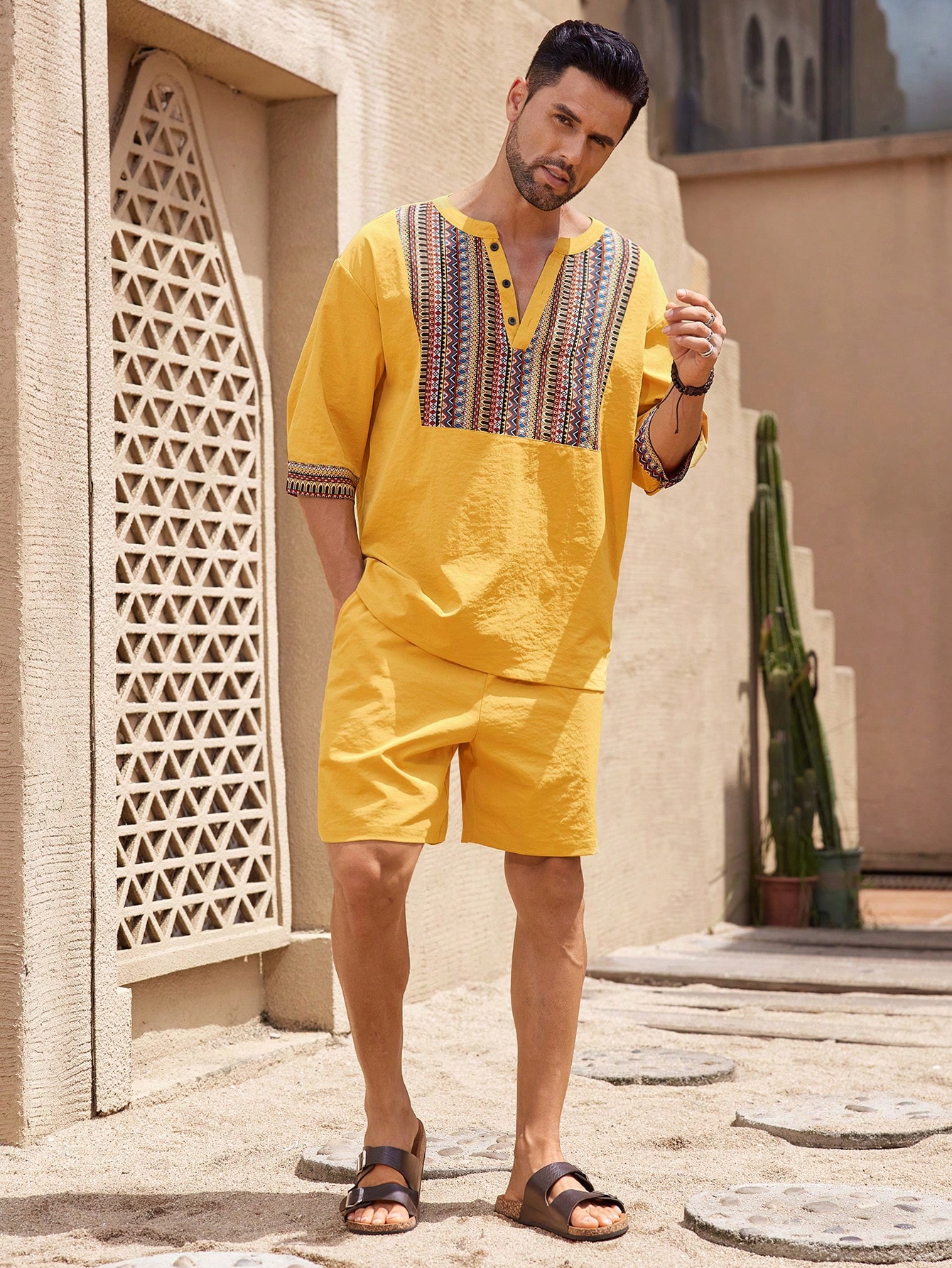 2pcs Retro Style Outfit For Men: Solid Color Shirt & Shorts Set