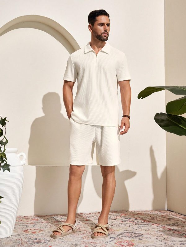 Men's Summer Casual Solid Color Polo Shirt And Shorts Set
