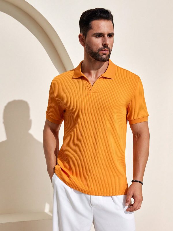Men Pumpkin Color V-Neck Short Sleeve Knit Polo Shirt