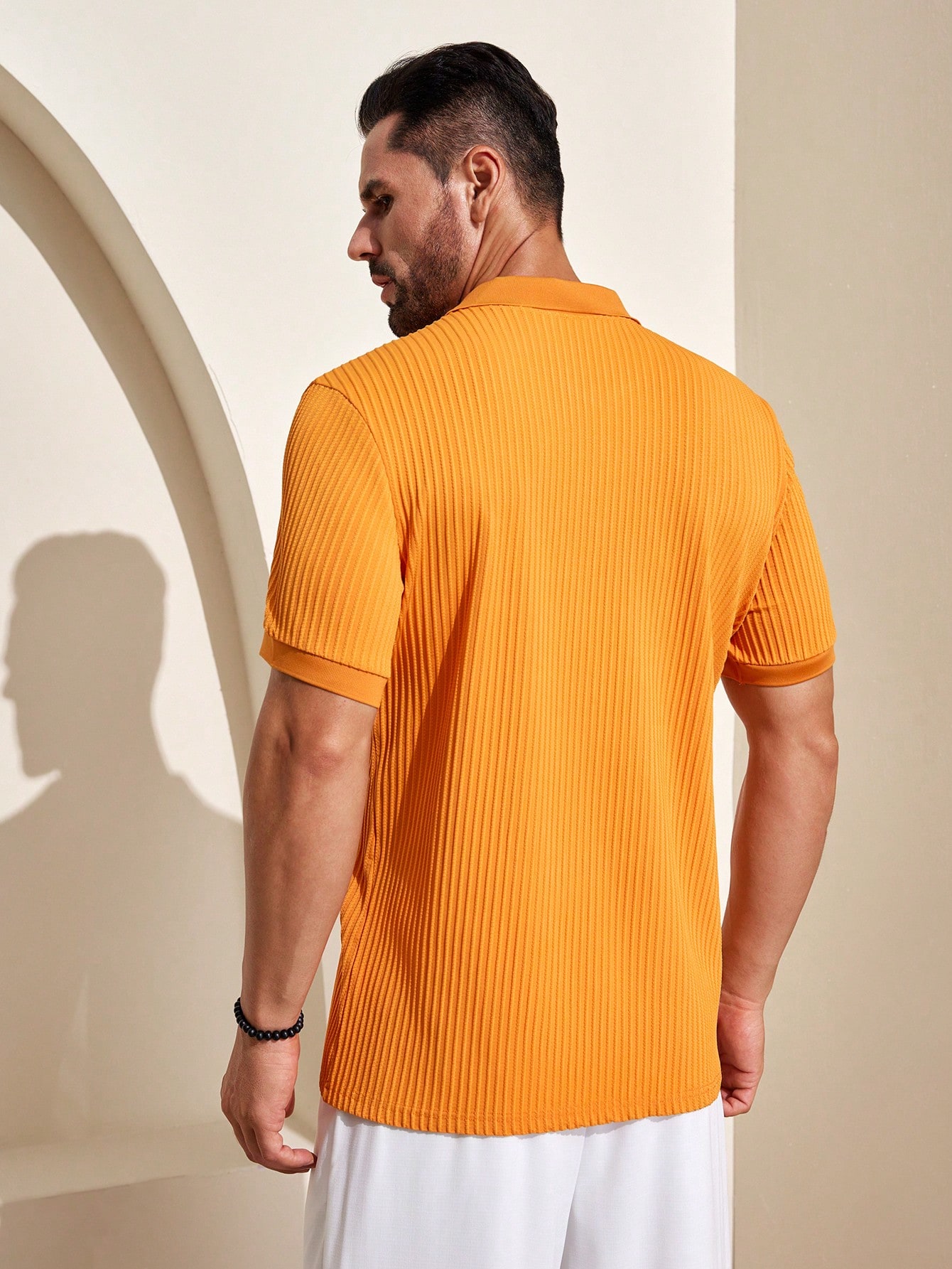 Men Pumpkin Color V-Neck Short Sleeve Knit Polo Shirt