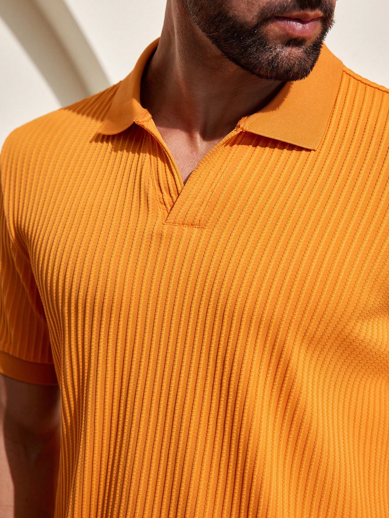 Men Pumpkin Color V-Neck Short Sleeve Knit Polo Shirt