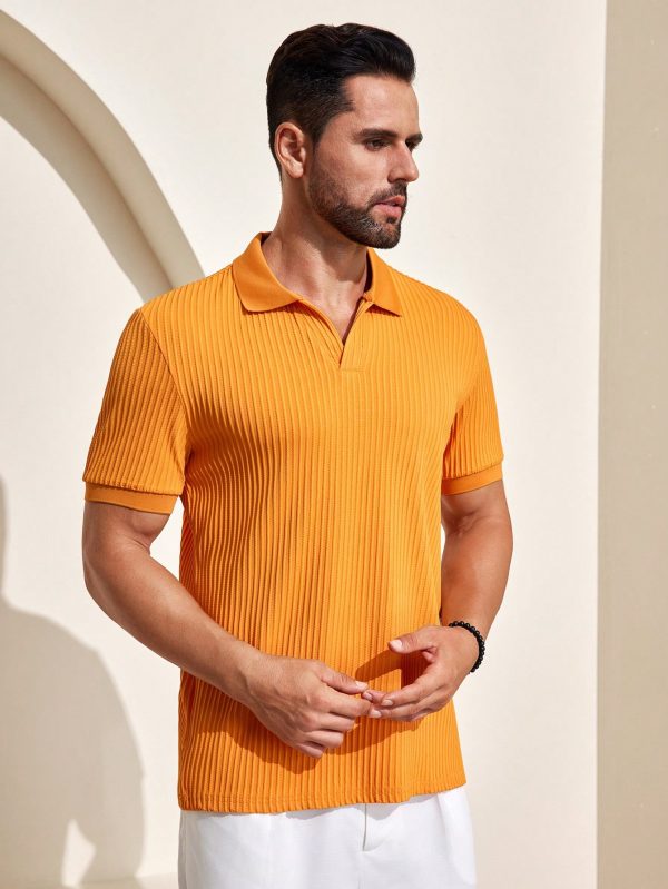 Men Pumpkin Color V-Neck Short Sleeve Knit Polo Shirt