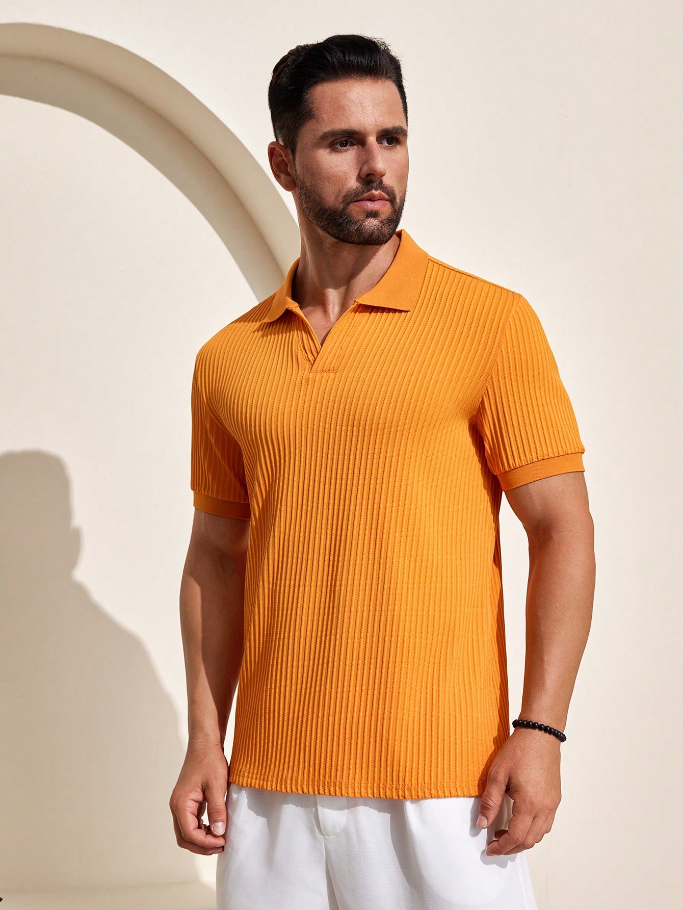 Men Pumpkin Color V-Neck Short Sleeve Knit Polo Shirt