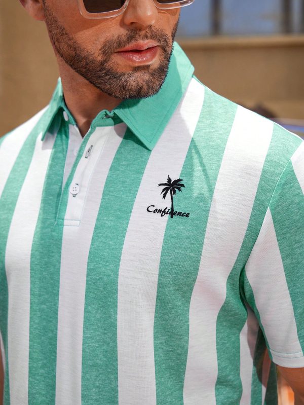 Men's Fashionable Striped Short Sleeve Polo Shirt With Color Block Design