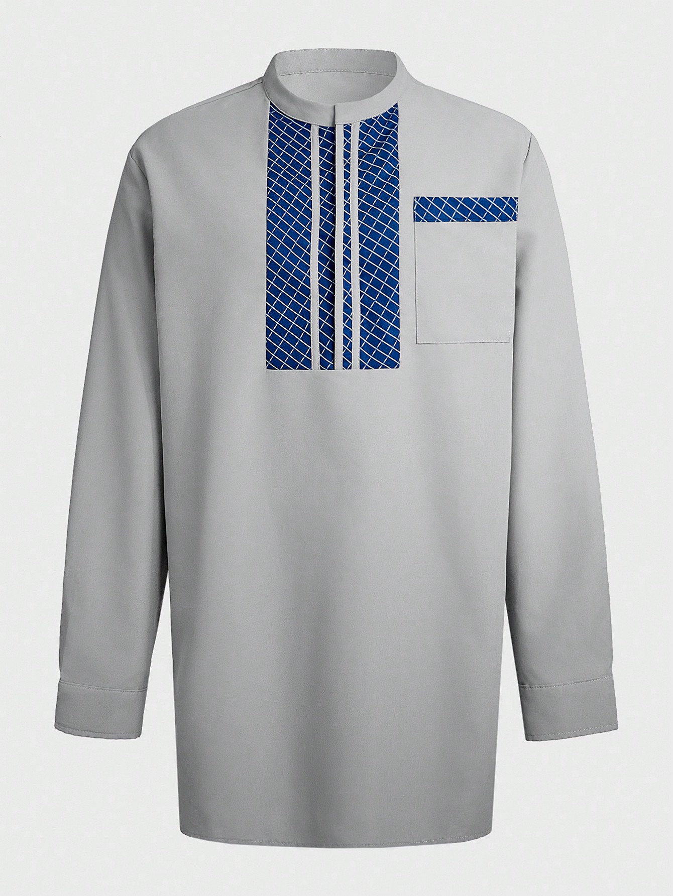Men Loose Fit Plaid Stand Collar Long Sleeve Shirt With Pocket