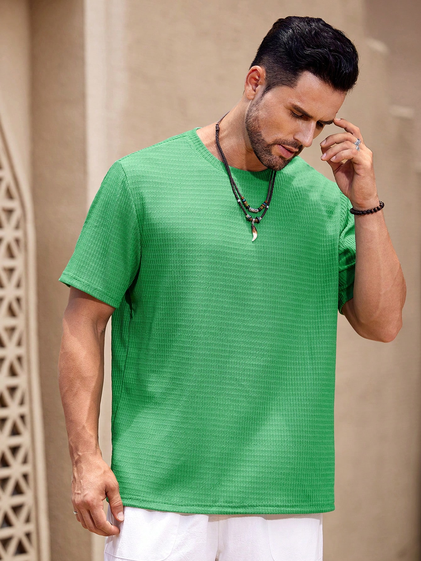 Green Textured Knit Short Sleeve T-Shirt