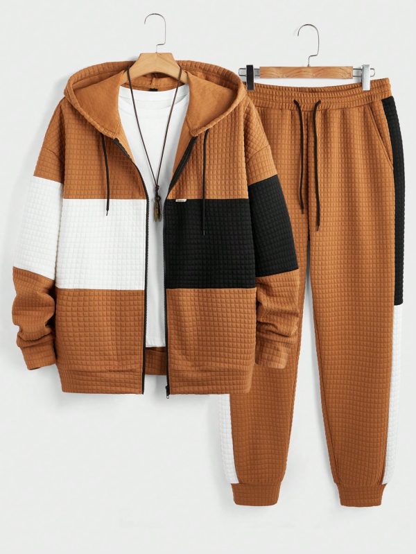 Men's Casual Patchwork Hooded Sweatshirt And Pants Set, Autumn