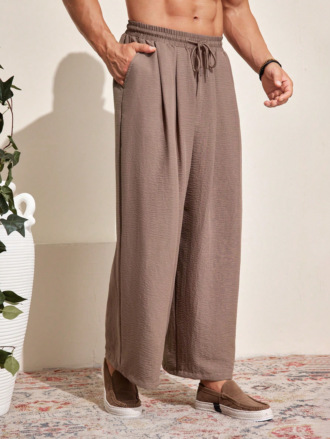 Men Drawstring Waist Wide Leg Pants For Dailywear