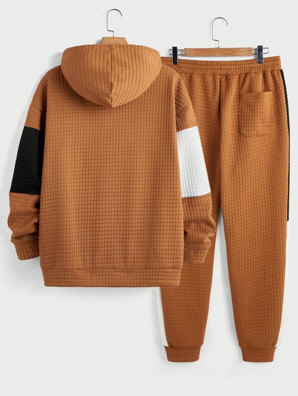 Men's Casual Patchwork Hooded Sweatshirt And Pants Set, Autumn