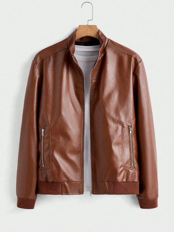 Men's Spring & Autumn Long Sleeve Stand Collar Faux Leather Zipper Jacket