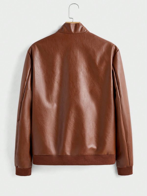 Men's Spring & Autumn Long Sleeve Stand Collar Faux Leather Zipper Jacket