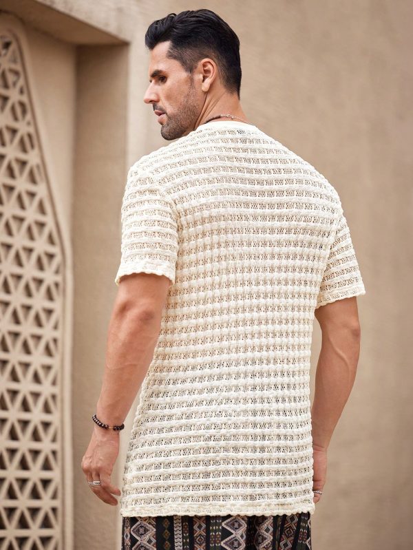 Men's Solid Color Textured Crew Neck Hollow Out Short Sleeve T-Shirt