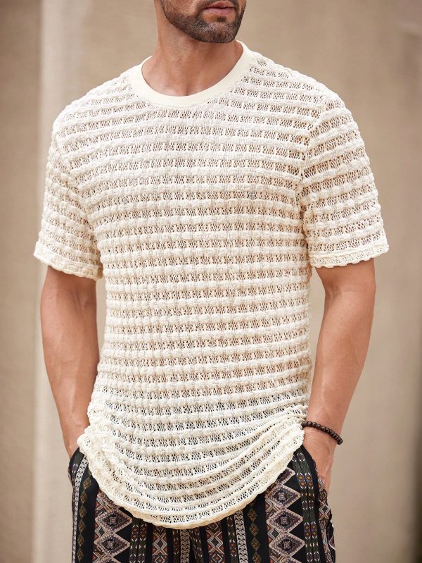 Men's Solid Color Textured Crew Neck Hollow Out Short Sleeve T-Shirt