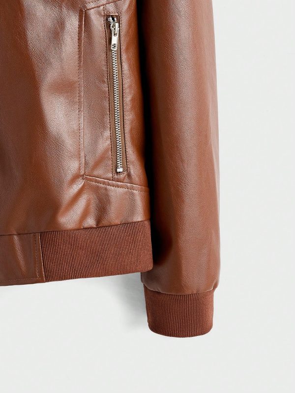 Men's Spring & Autumn Long Sleeve Stand Collar Faux Leather Zipper Jacket