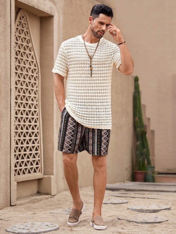 Men's Solid Color Textured Crew Neck Hollow Out Short Sleeve T-Shirt