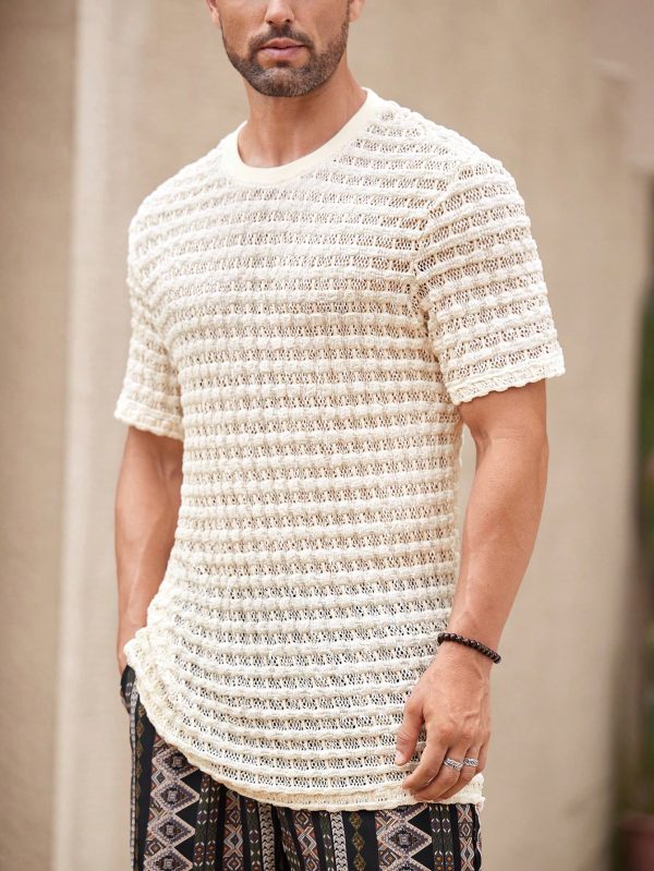 Men's Solid Color Textured Crew Neck Hollow Out Short Sleeve T-Shirt